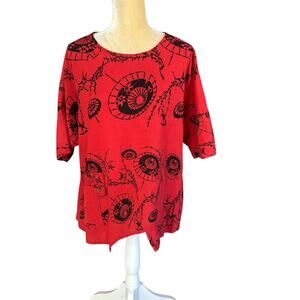 Yasuko Red Boxy Asian Tunic Top size M/L Lagenlook Parasol Print